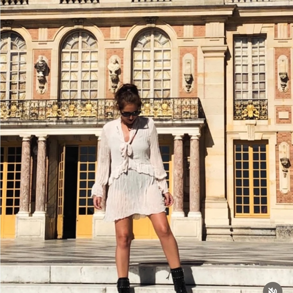 Zara Cream Neck Tie Mesh Long Sleeve Mini Dress